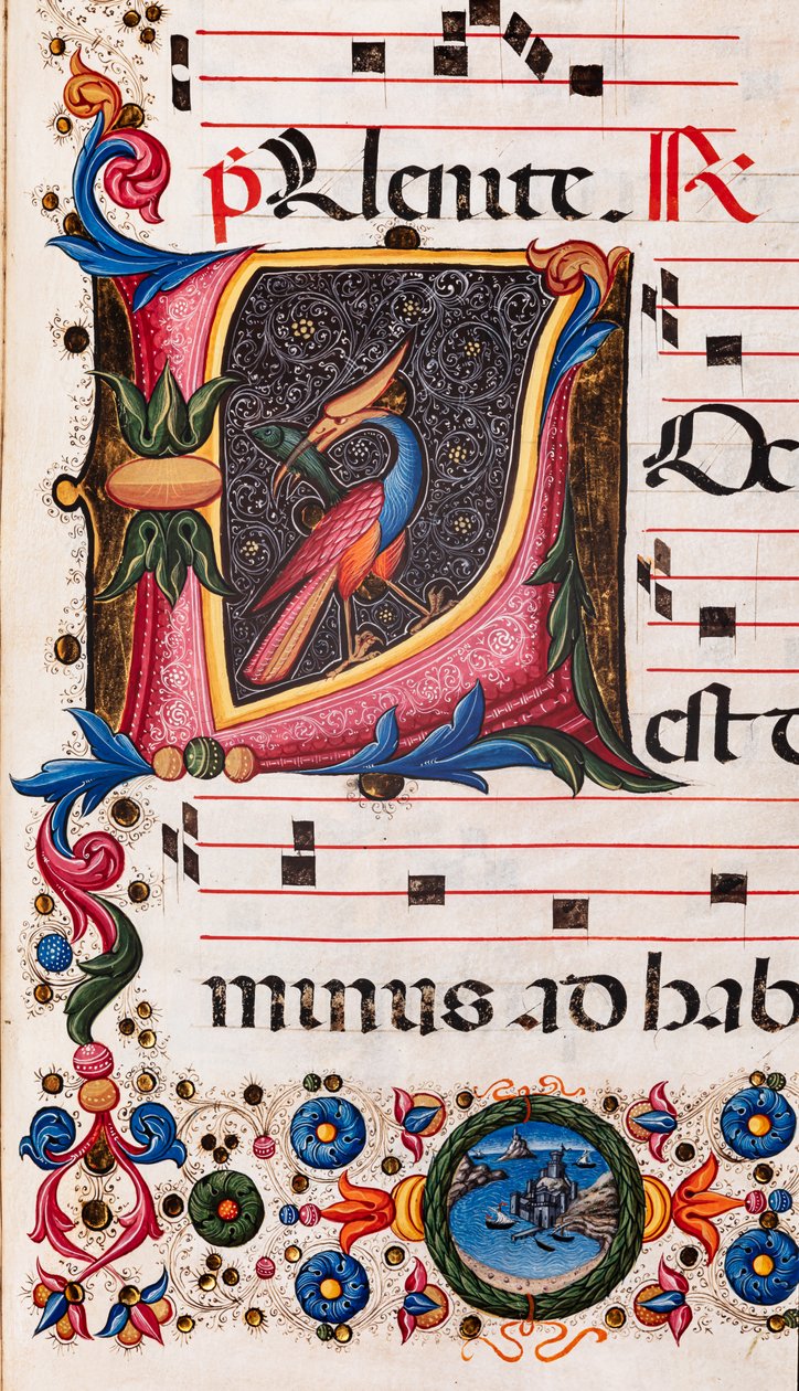 Piccolomini-kirjasto: kuorokirja, turska. 5.E, ff. 63r "Foliated nimikirjain", kirjoittanut Pellegrino di Mariano. Yksityiskohta. tekijältä Pellegrino di Mariano
