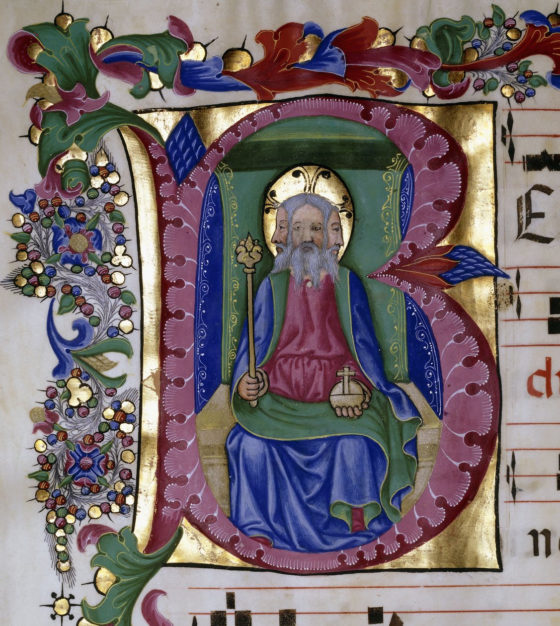 Pyhä kolminaisuus: Isä Jumala Majesteettissaan valtaistuimella, pitelee palloa ja valtikkaa, edustettuna kolmella kasvolla, kirjaimella "B", n. 1480 tekijältä Pellegrino di Mariano