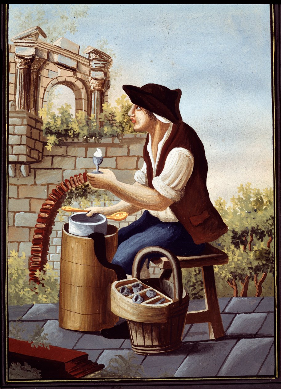 Napolilaiset kansantavat: jäätelön (Gelato, Gelati) ja kävelysorbettien myyjä. Detrempe de Pelliccia (1800-luku) San Martinon kansallismuseo tekijältä Pelliccia