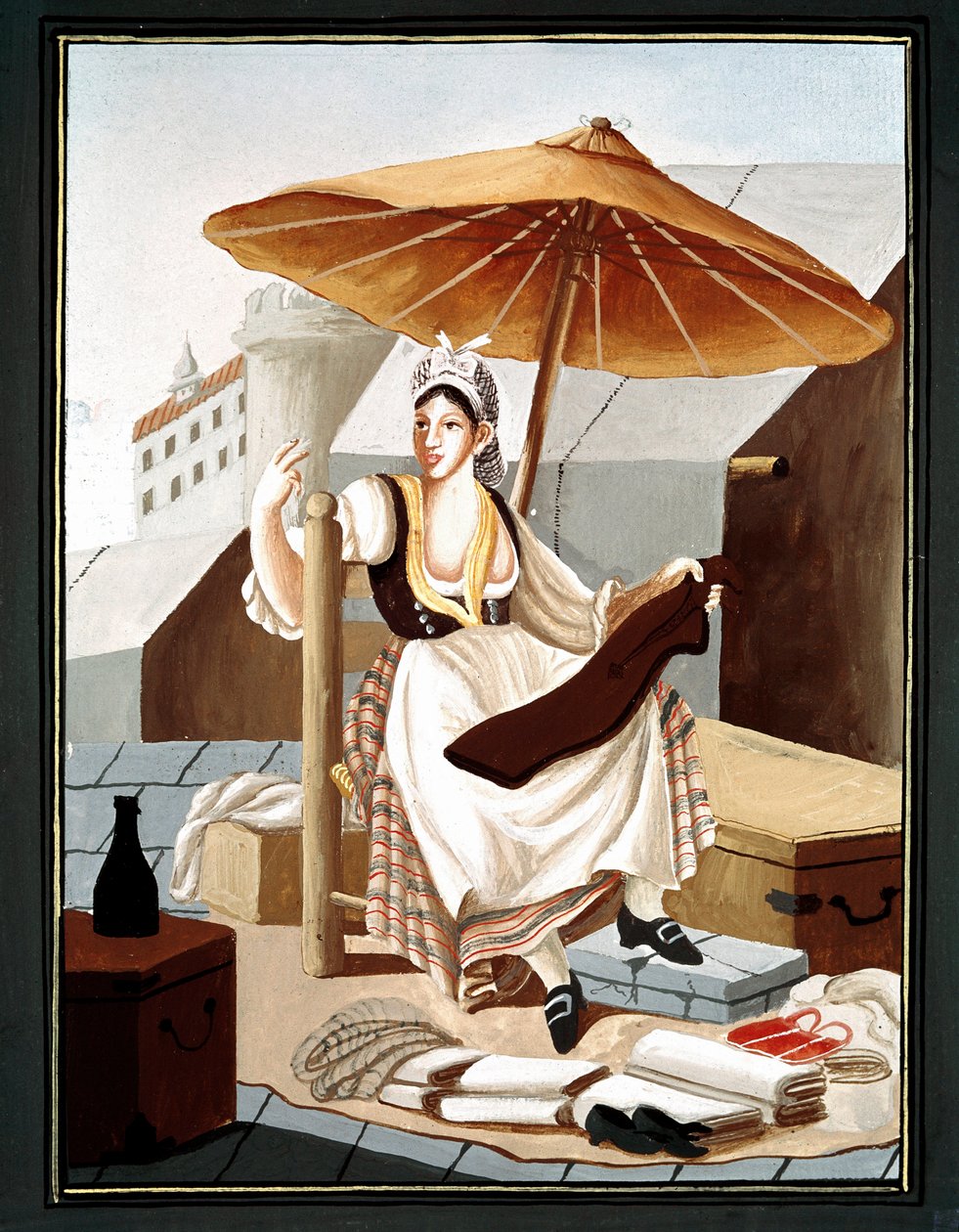 Pepetite metier napolilainen: matkustava kankaiden ja liinavaatteiden myyjä - (Vanha kauppa: verhojen ja liinavaatteiden myyjä) Pelliccian maalaus 1800-luvun Museo Nazionale di San Martino Napoli tekijältä Pelliccia
