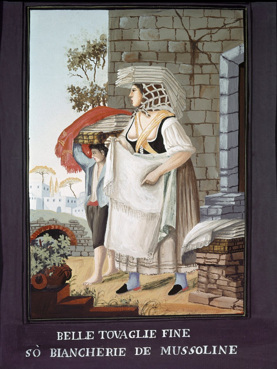 Petity Metier Napolitan: matkustava pöytäliina- ja pellavamyyjä - (Vanha kauppa: pöytäliina- ja pellavamyyjä) Pelliccian maalaus 1800-luvun Museo Nazionale di San Martino Napoli tekijältä Pelliccia