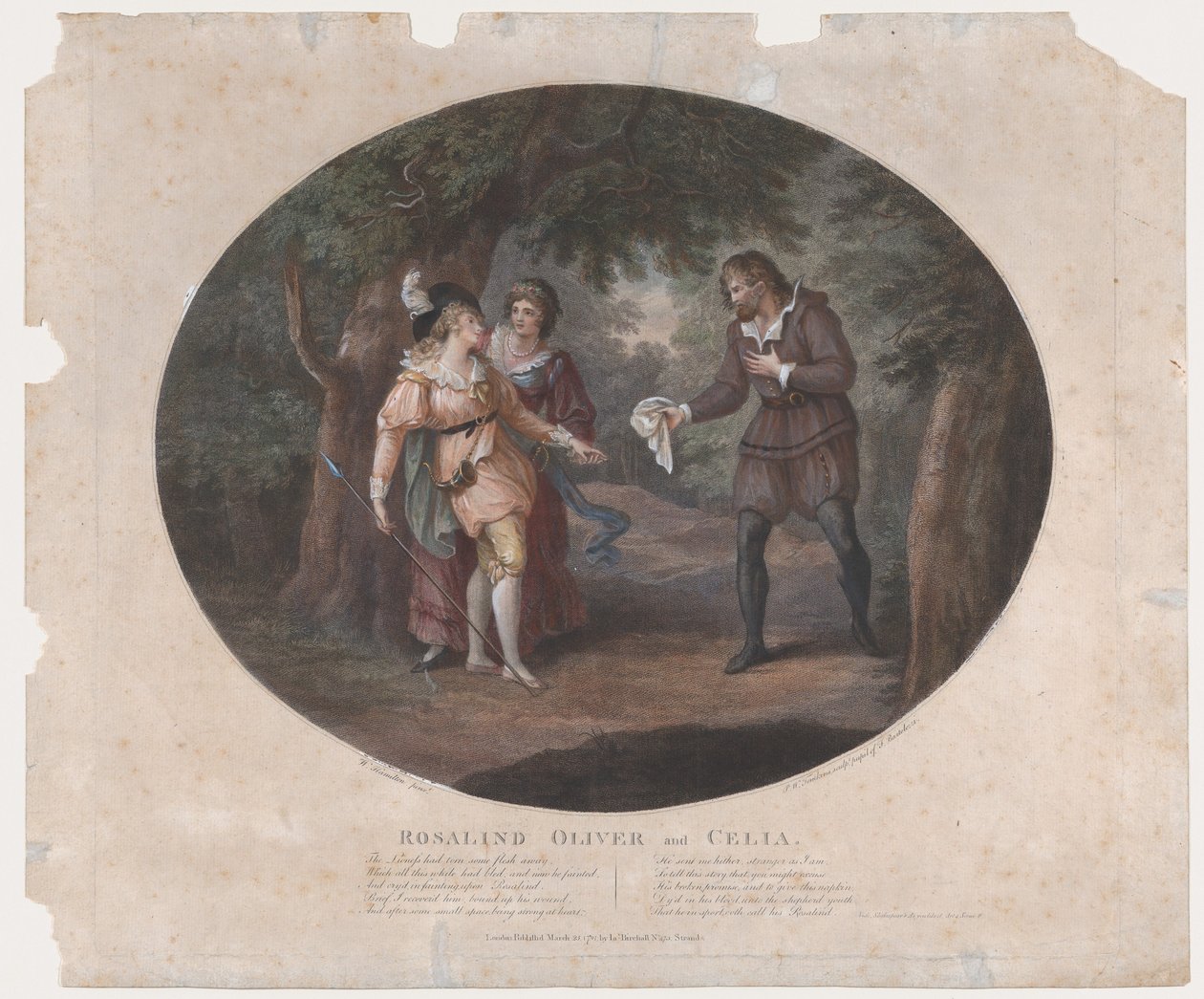Rosalind, Oliver ja Celia Shakespeare, Kuten pidät, näytös 4, kohtaus 6, 1791, 1791. tekijältä Peltro William Tomkins