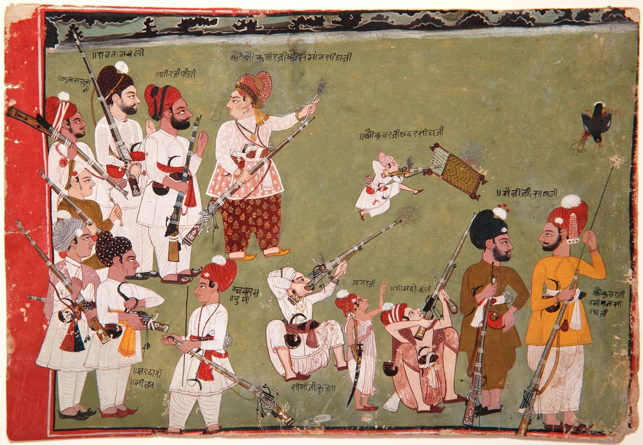 Adar Singh ja Saman Singh ampuvat lintuja, n. 1790 (läpinäkymätön wc ja kultaa paperilla) tekijältä Pemji
