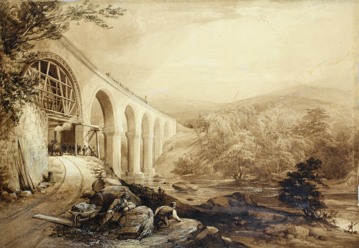 Quakers Yard Viaduct, n. 1840 (kynä ja pesu paperille) tekijältä Penry Williams