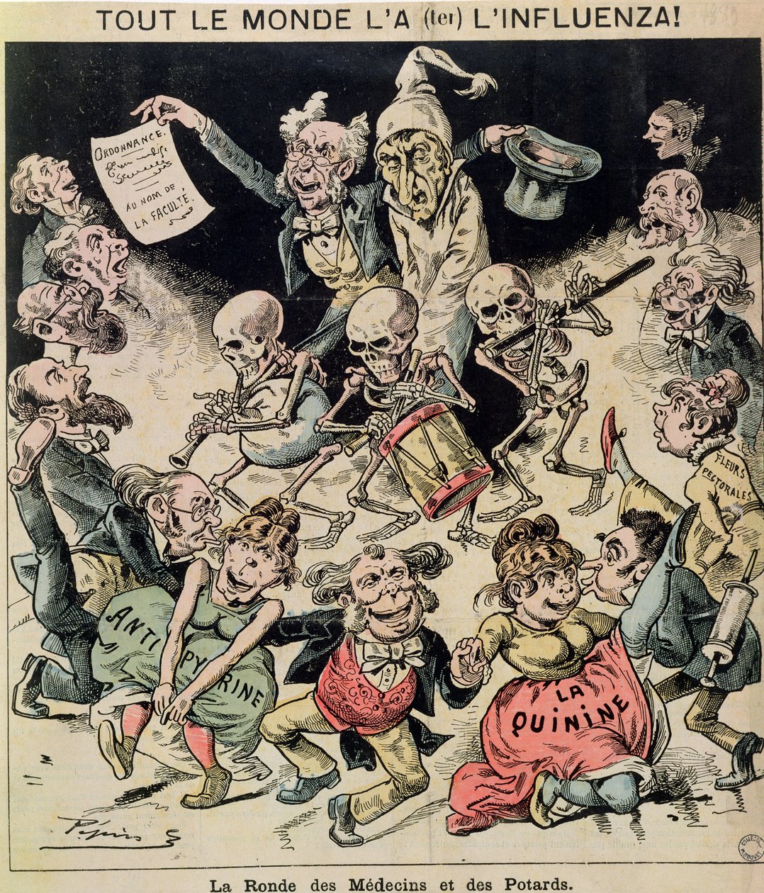 Karikatyyri vuoden 1820 influenssaepidemiasta, noin 1889. tekijältä Pepin