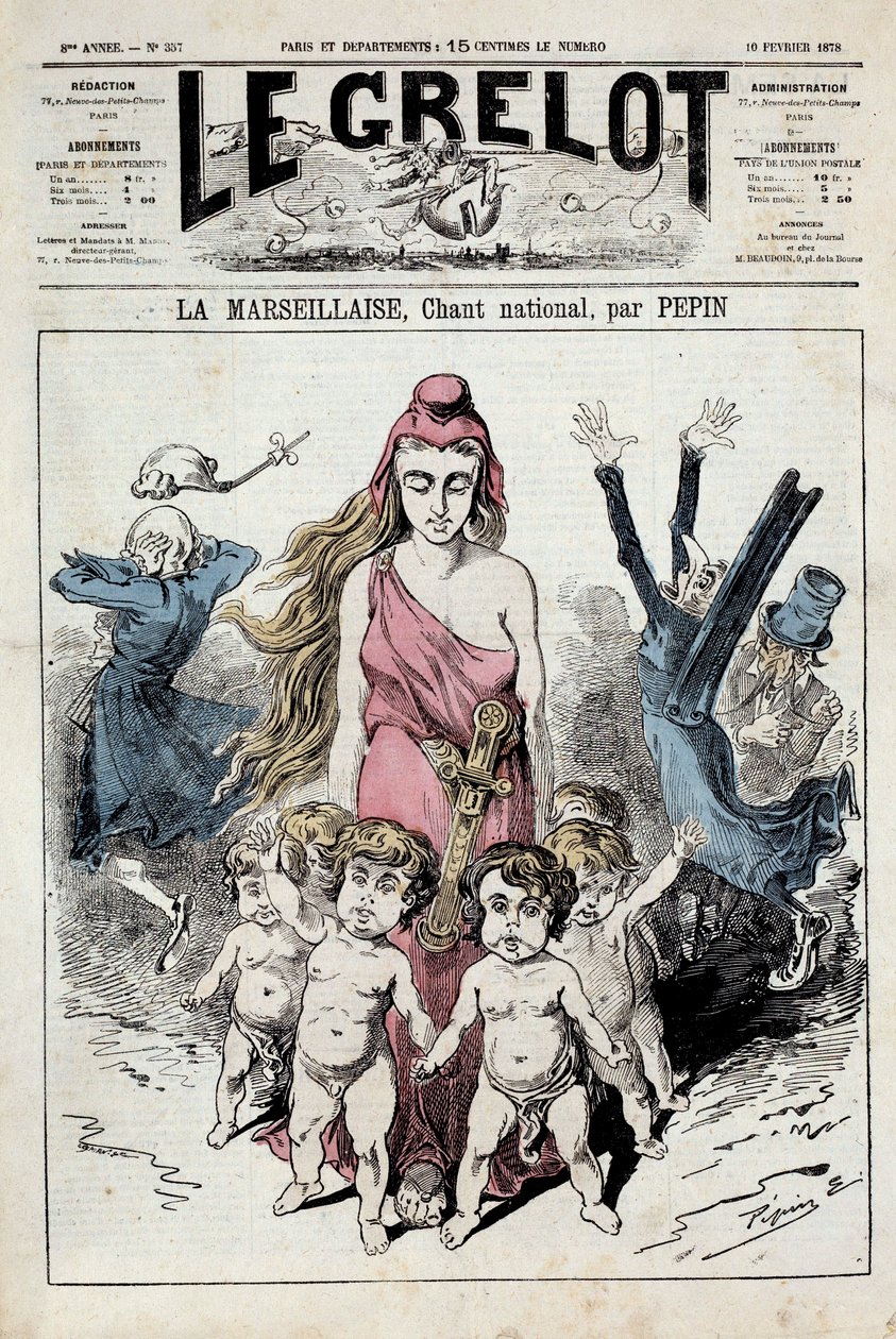 Yksi "kellosta", joka edustaa kansallislaulun "" La Marseillaise"" allegoriaa, joka etenee, kun aateliset tukkivat korvansa paetessaan. Kuvitus Pepin. 10.2.1878. Yksityinen kokoelma tekijältä Pepin