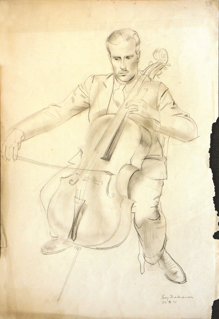 Arthur Kempin muotokuva selloa soittamassa, 1935 (kynä ja liitu paperille) tekijältä Percy Shakespeare