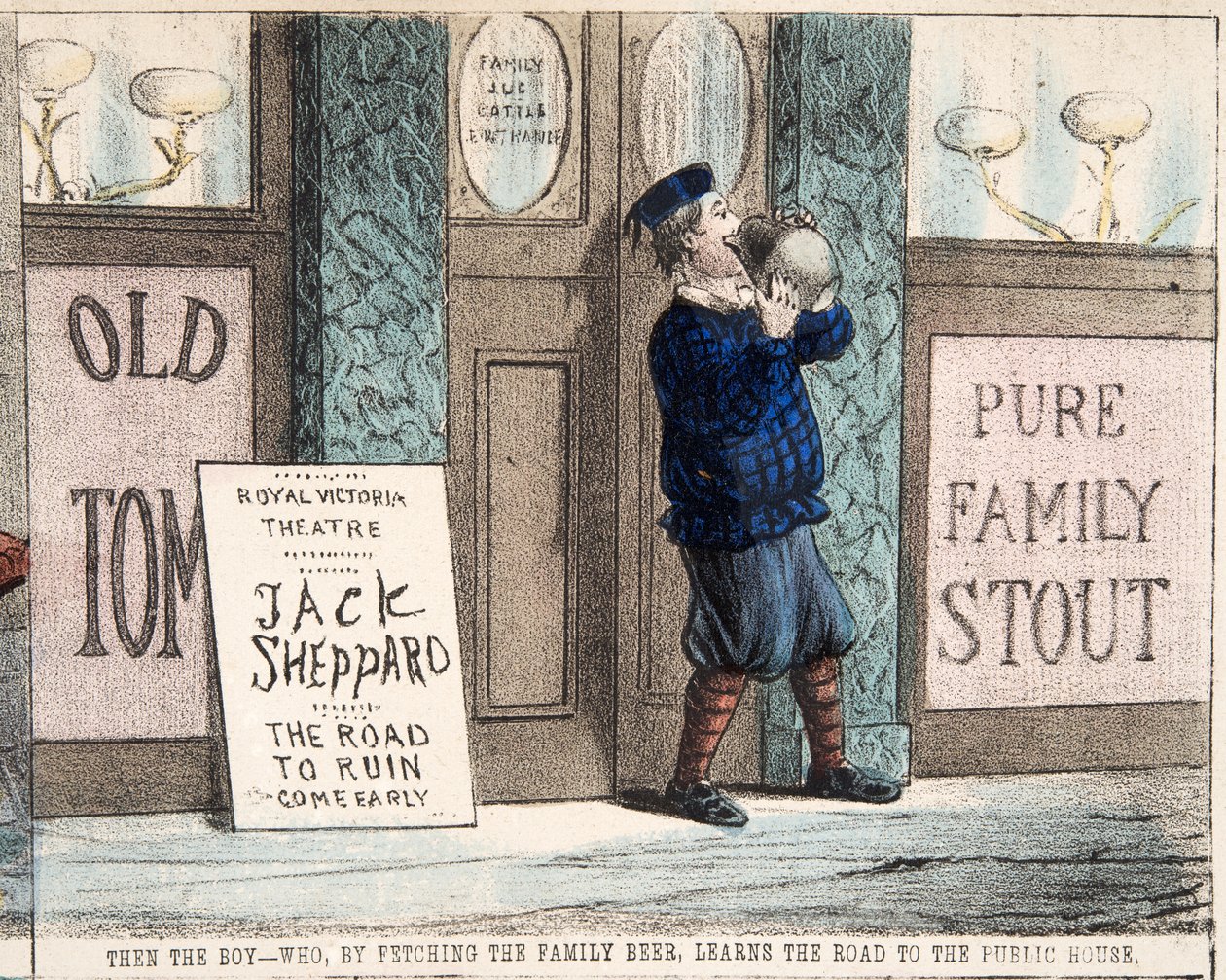 "Poika - joka hakiessaan perheen olutta oppii tien Public House -taloon, pub.c. 1872 (käsinvärinen kaiverrus) tekijältä Percy Cruikshank