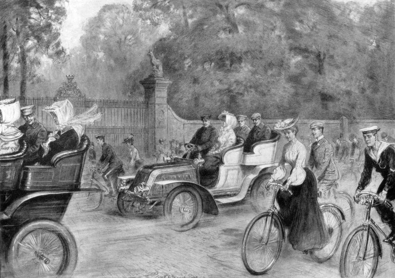 Moottorit ja polkupyörät Kensington High Streetillä, Lontoossa, 1903 tekijältä Percy F.S. Spence