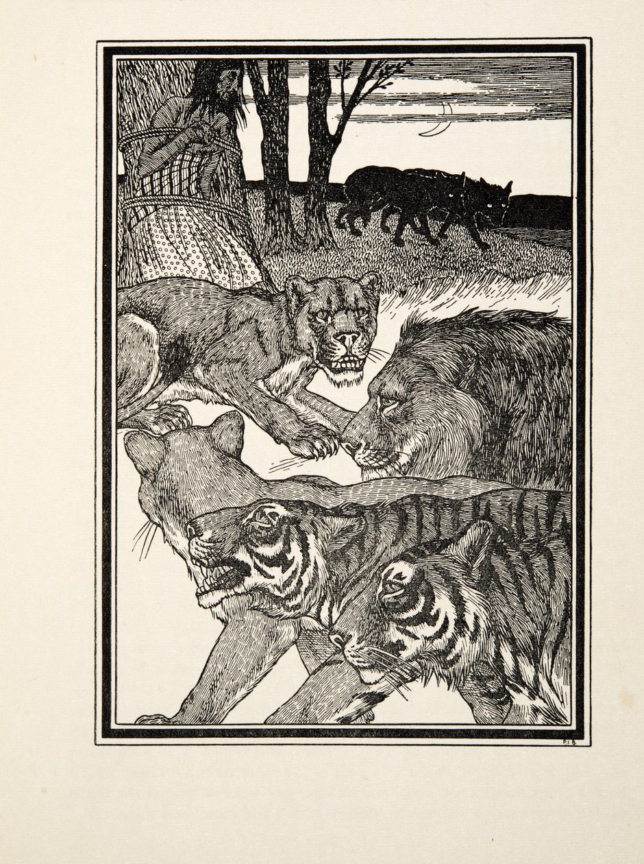 Kiitollinen leijona, Sata anekdoottia eläimistä, pub. 1924 (kaiverrus) tekijältä Percy J. Billingshurst