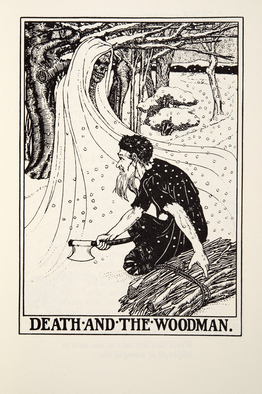 Death and the Woodman, Fontaine Fables, pub. 1905 (kaiverrus) tekijältä Percy J. Billingshurst