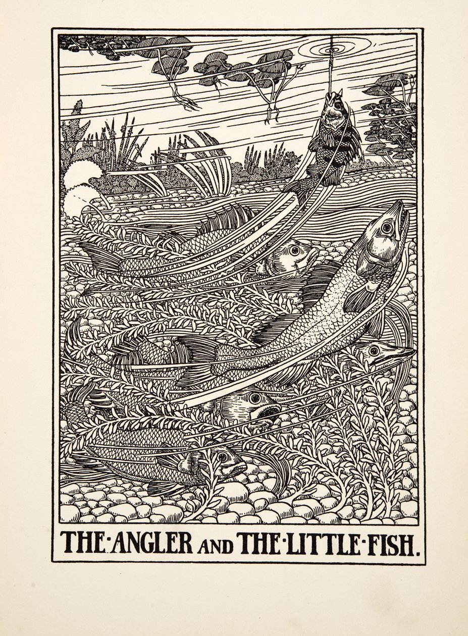 Onkija ja pieni kala, julkaisusta A Hundred Fables of Aesop, pub.1903 (kaiverrus) tekijältä Percy J. Billingshurst