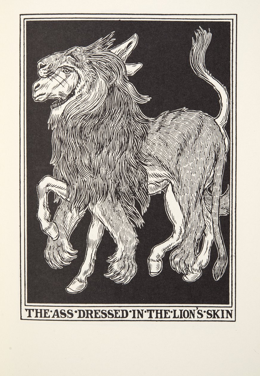 Leijonannahkaan pukeutunut aasi, Fontainen taruista, pub. 1905 tekijältä Percy J. Billingshurst
