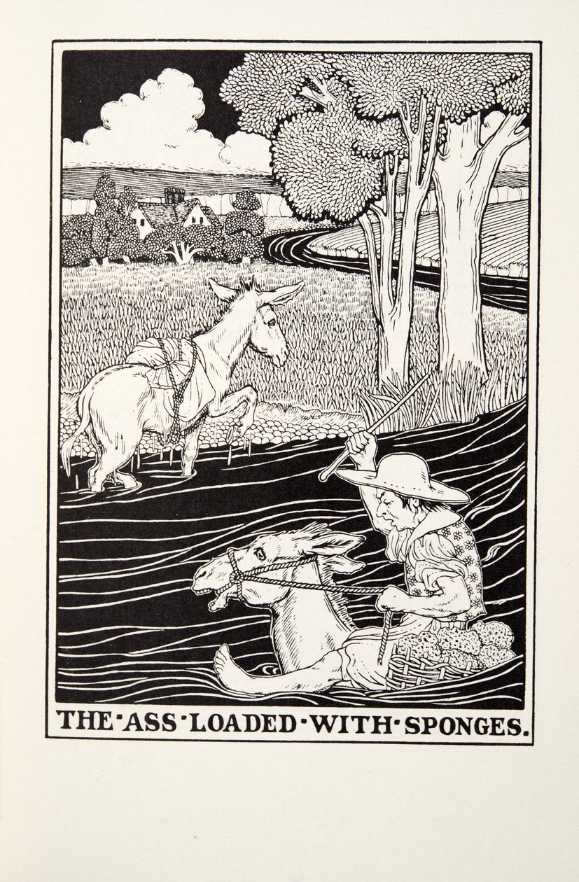 The Ass Loaded wth Sponges, teoksesta Fontaine Fables, pub. 1905 tekijältä Percy J. Billingshurst