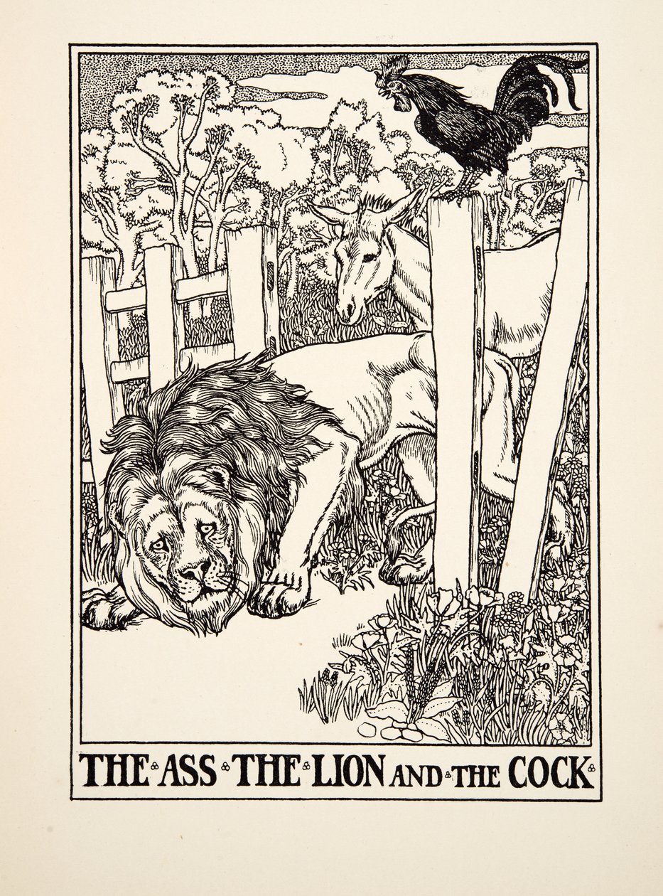 Aasi, leijona ja kukko, julkaisusta A Hundred Fables of Aesop, pub.1903 tekijältä Percy J. Billingshurst