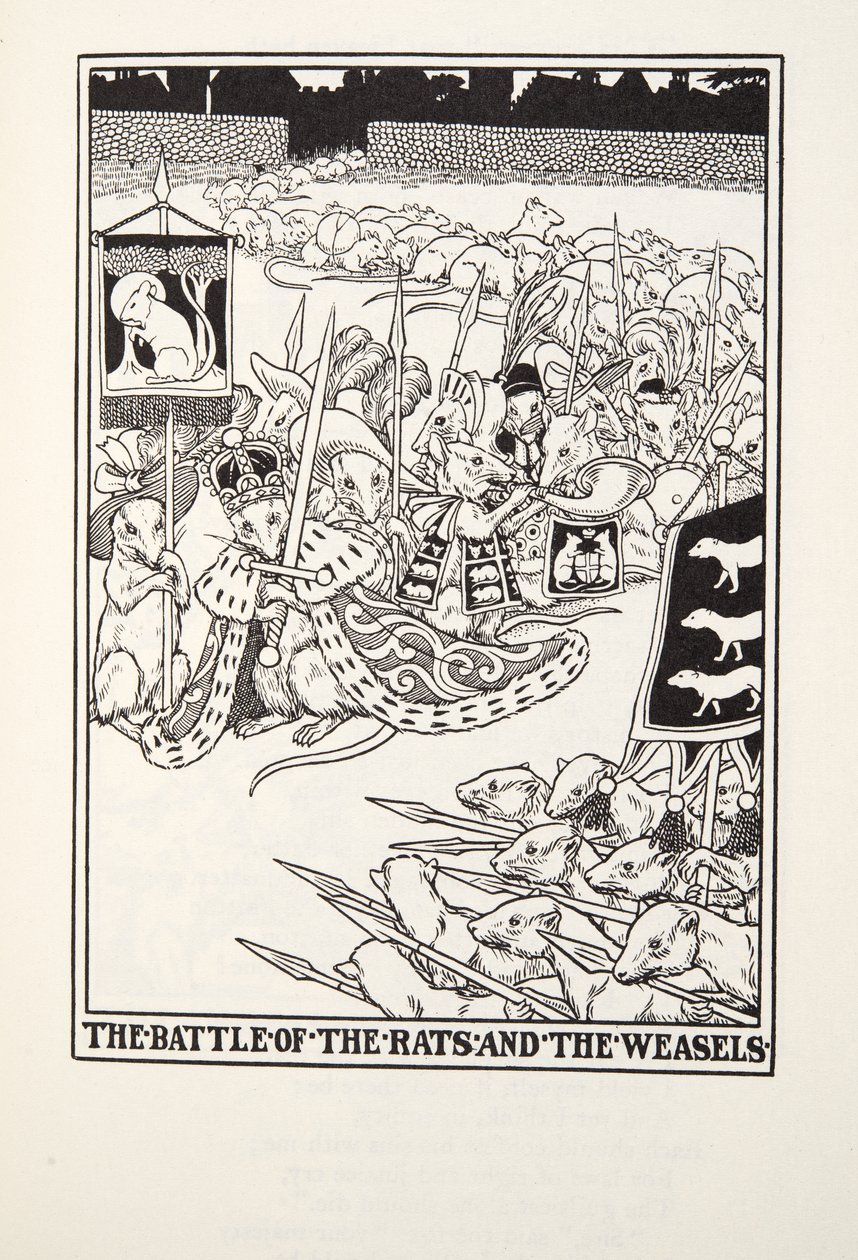 Rottien ja näädän taistelu, teoksesta Fontaine Fables, pub. 1905 tekijältä Percy J. Billingshurst