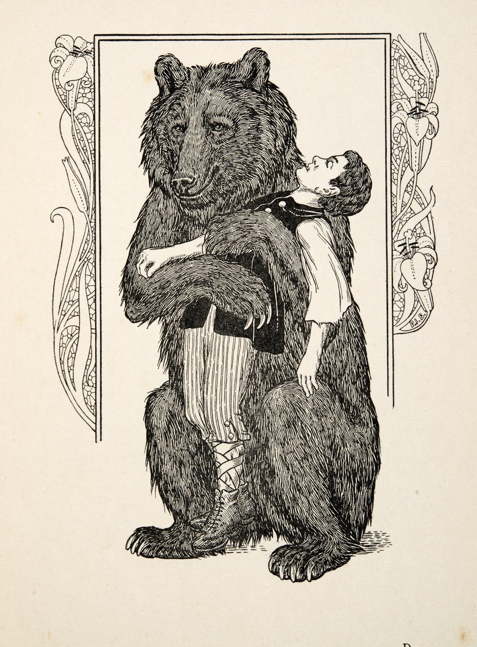 Karhu ja lapsi, teoksesta Sata anekdoottia eläimistä, pub. 1924 tekijältä Percy J. Billingshurst