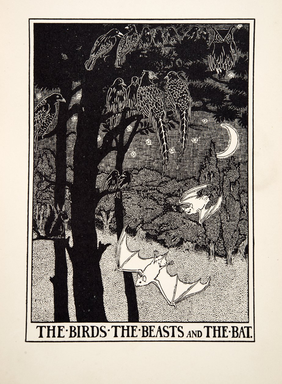Linnut, pedot ja lepakko, teoksesta A Hundred Fables of Aesop, pub.1903 (kaiverrus) tekijältä Percy J. Billingshurst