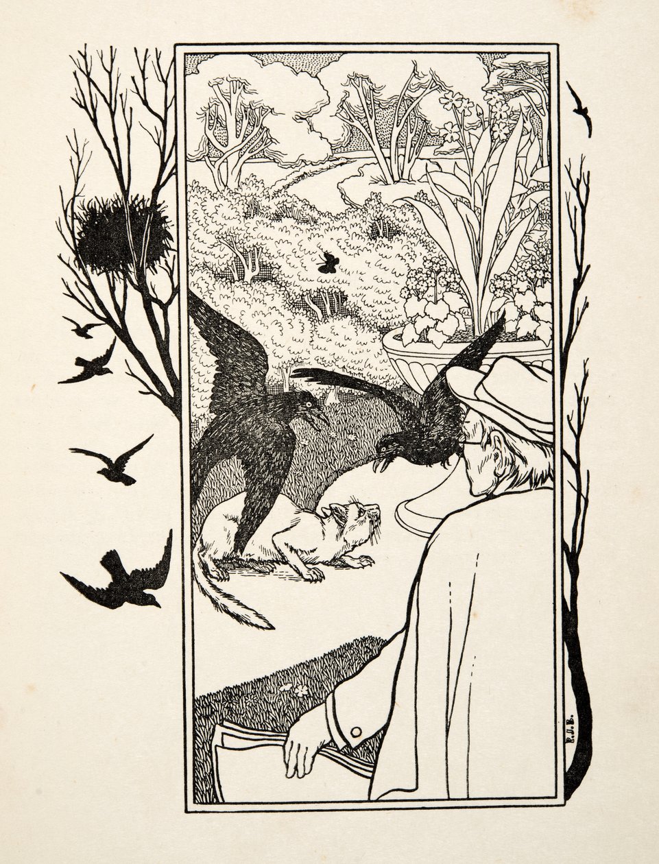 The Cat and Crows, Sata anekdoottia eläimistä, pub. 1924 (kaiverrus) tekijältä Percy J. Billingshurst
