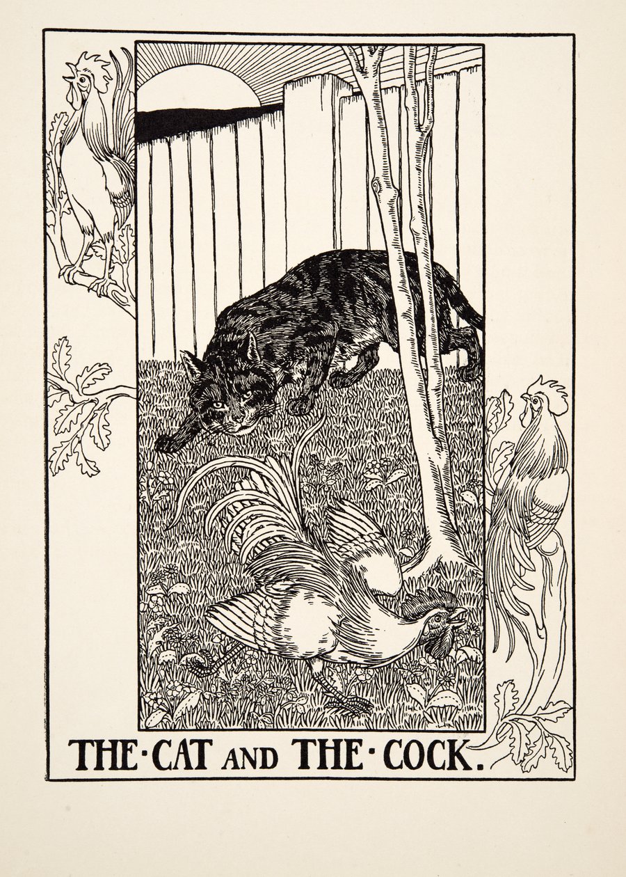 Kissa ja kukko, julkaisusta A Hundred Fables of Aesop, pub.1903 tekijältä Percy J. Billingshurst