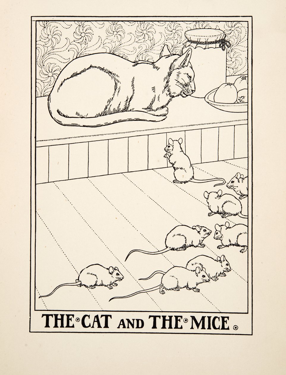 Kissa ja hiiret, julkaisusta A Hundred Fables of Aesop, pub.1903 (kaiverrus) tekijältä Percy J. Billingshurst