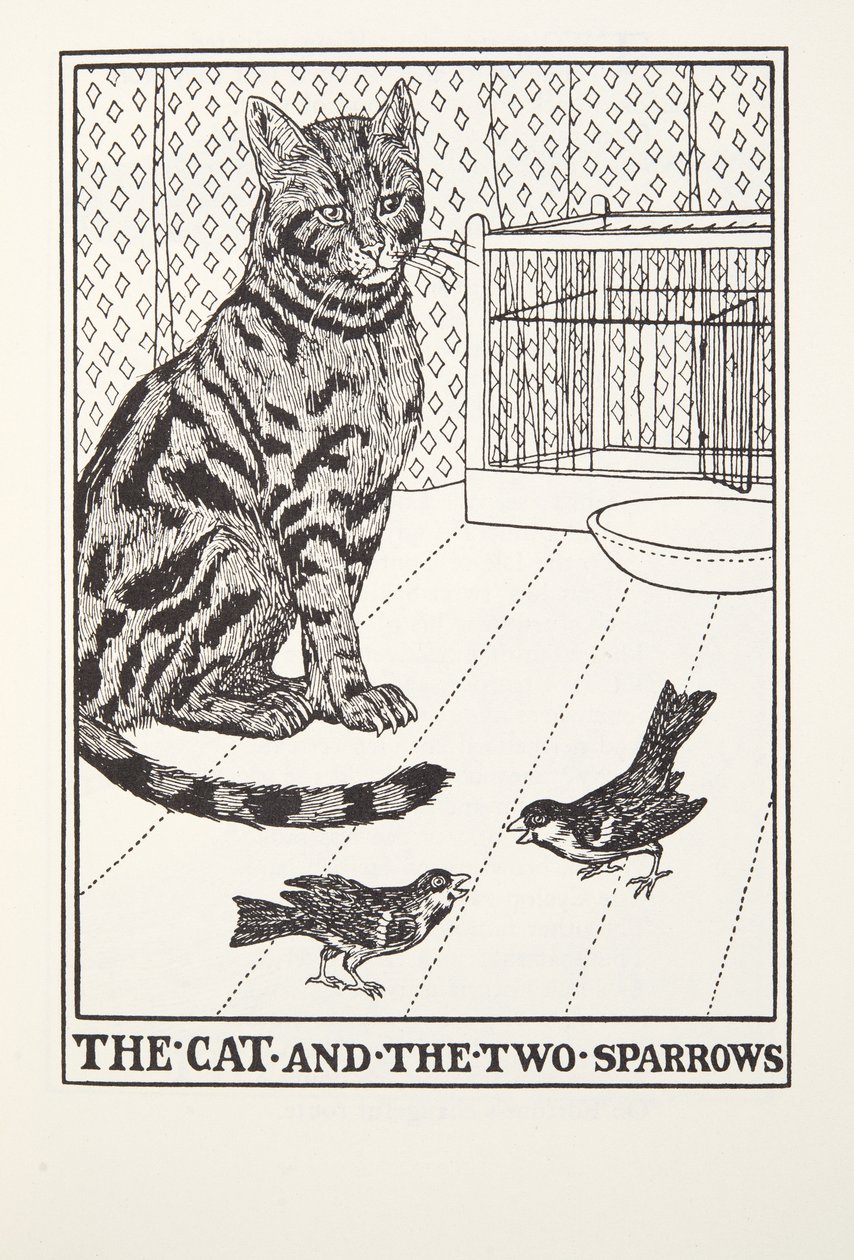 Kissa ja kaksi varpusta, teoksesta Fontainen taruja, pub. 1905 tekijältä Percy J. Billingshurst
