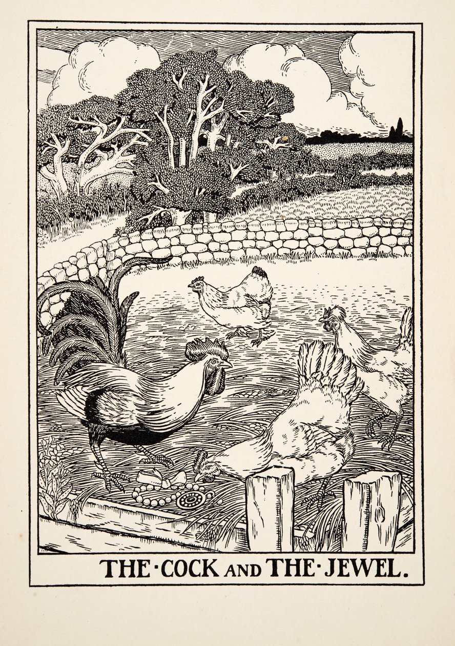 Kukko ja jalokivi, julkaisusta A Hundred Fables of Aesop, pub.1903 tekijältä Percy J. Billingshurst