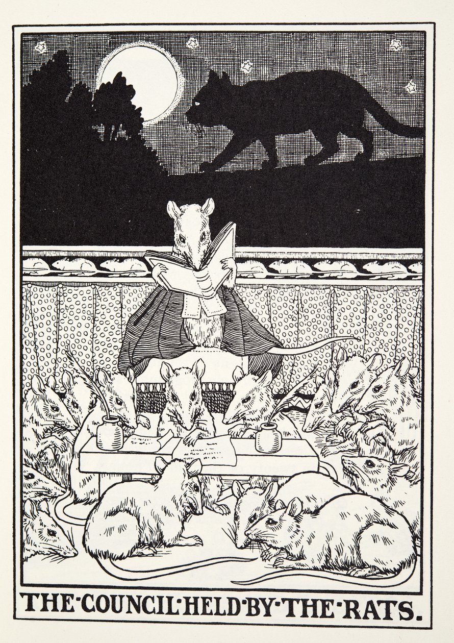 Rottien pitämä neuvosto, Fontaine Fables, pub. 1905 tekijältä Percy J. Billingshurst