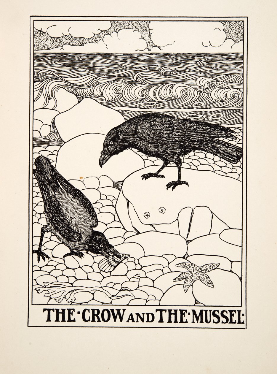 Varis ja simpukka, julkaisusta A Hundred Fables of Aesop, pub.1903 tekijältä Percy J. Billingshurst