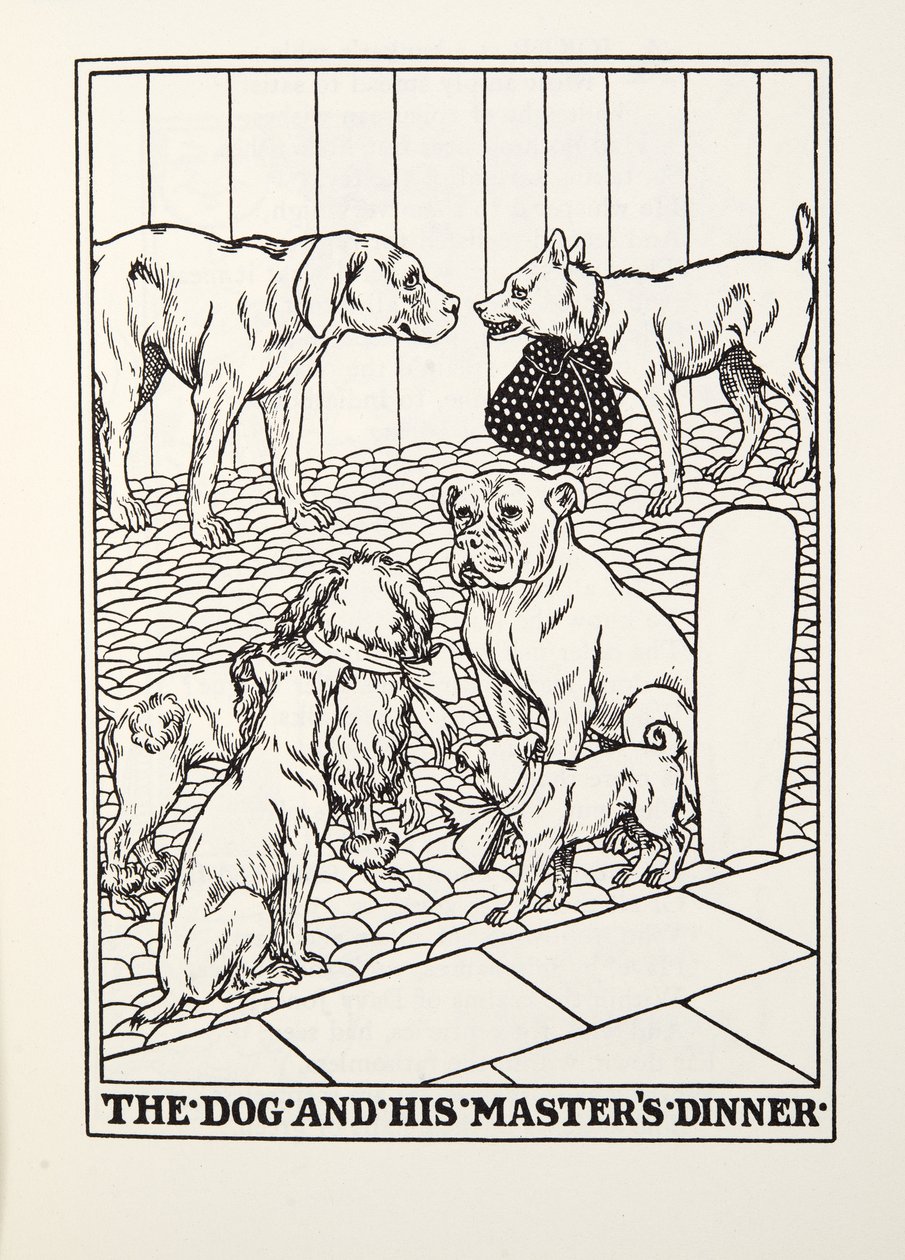 Koira ja hänen isäntänsä päivällinen, Fontainen taruista, pub. 1905 tekijältä Percy J. Billingshurst