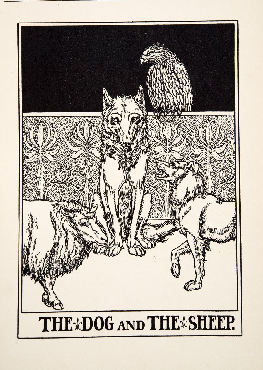 Koira ja lammas, julkaisusta A Hundred Fables of Aesop, pub.1903 tekijältä Percy J. Billingshurst
