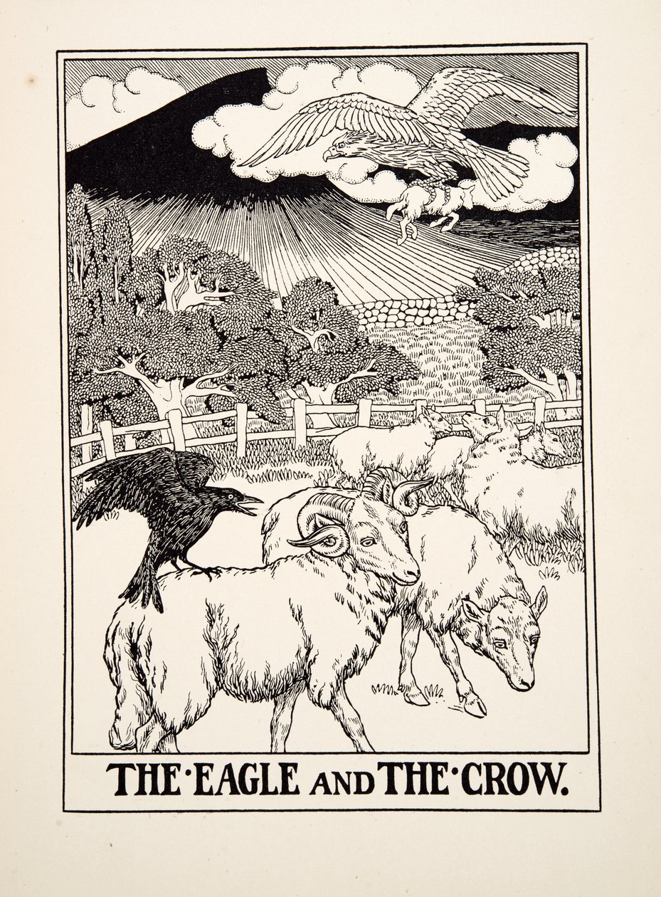Kotka ja varis, julkaisusta A Hundred Fables of Aesop, pub.1903 tekijältä Percy J. Billingshurst