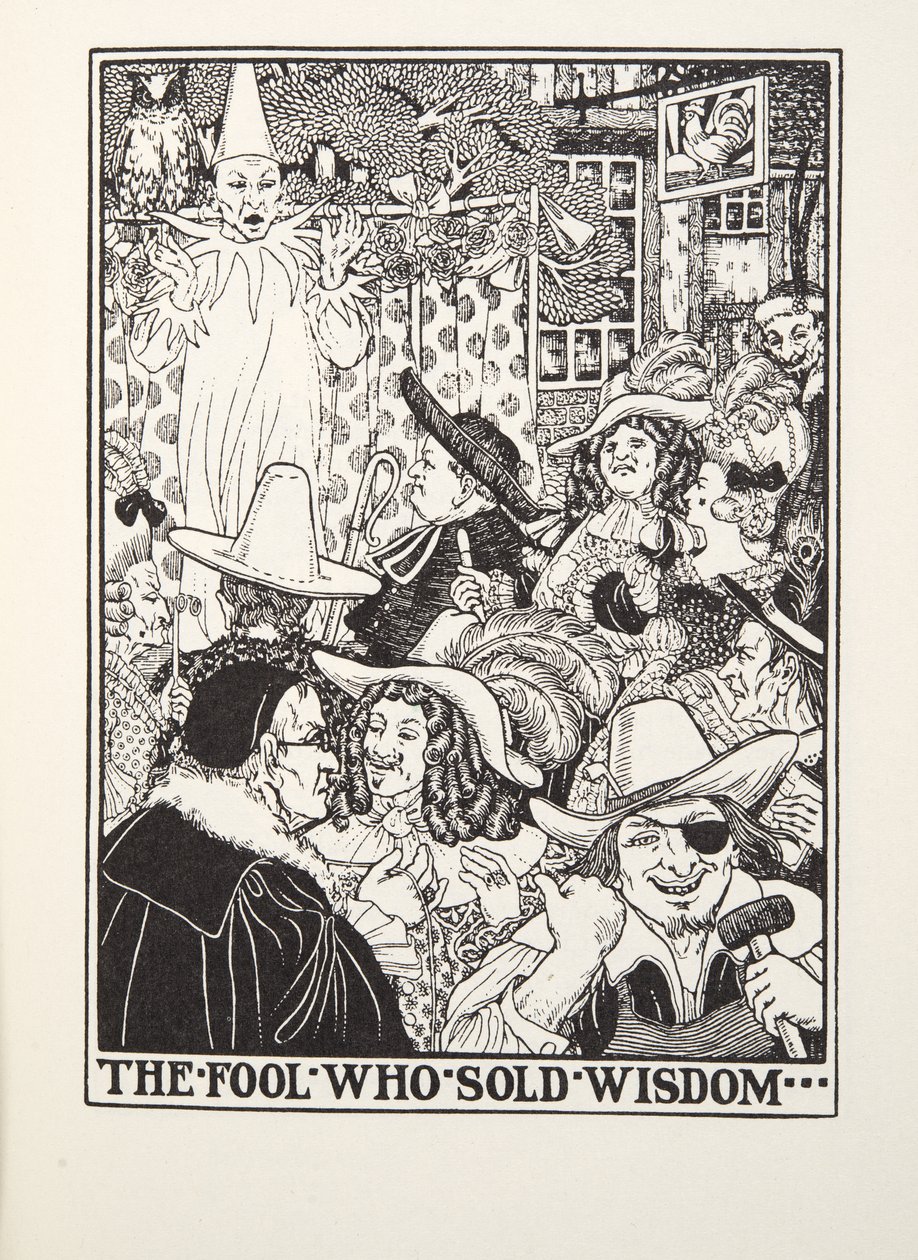 Hullu, joka myi viisautta, Fontaine Fables, pub. 1905 (kaiverrus) tekijältä Percy J. Billingshurst