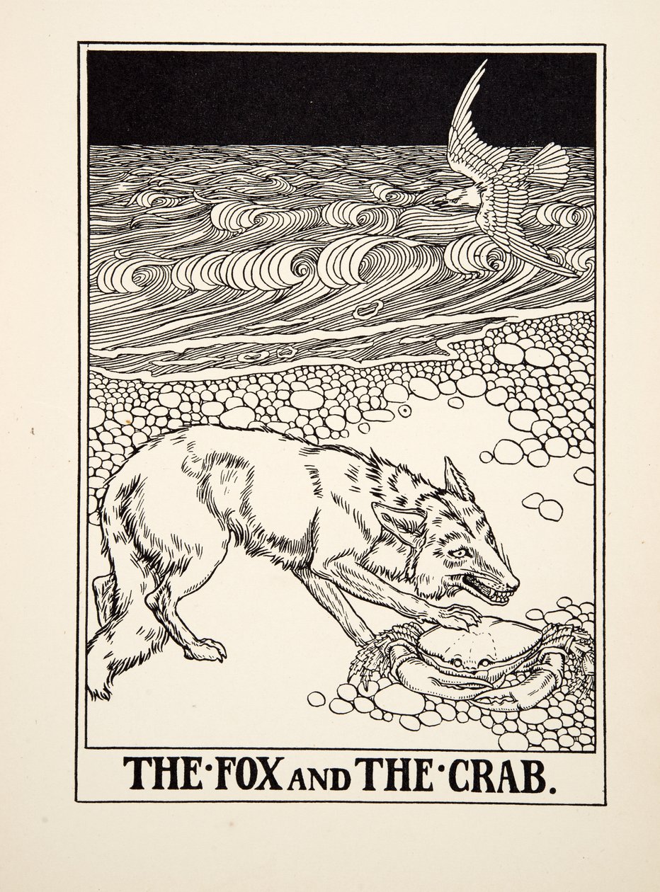 Kettu ja rapu, julkaisusta A Hundred Fables of Aesop, pub.1903 (kaiverrus) tekijältä Percy J. Billingshurst