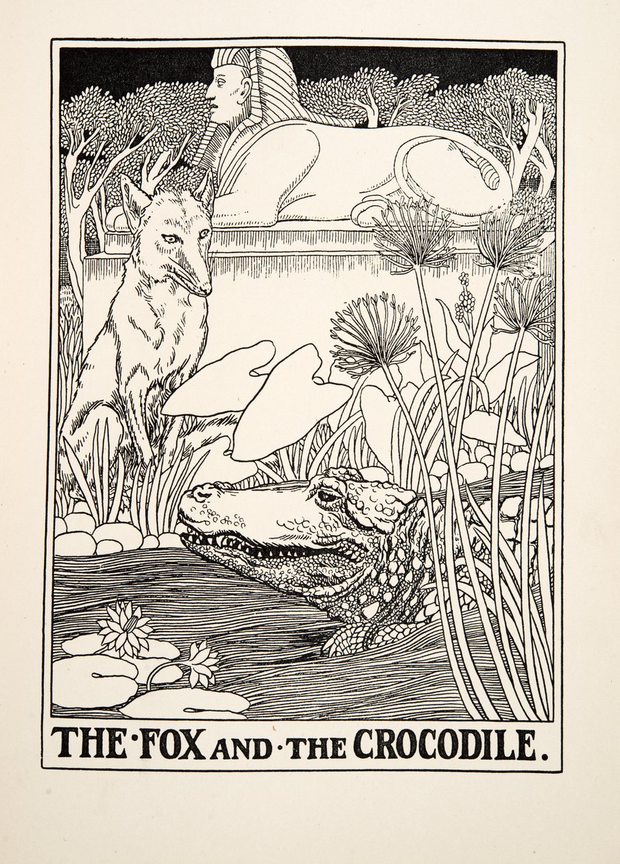 Kettu ja krokotiili, julkaisusta A Hundred Fables of Aesop, pub.1903 tekijältä Percy J. Billingshurst