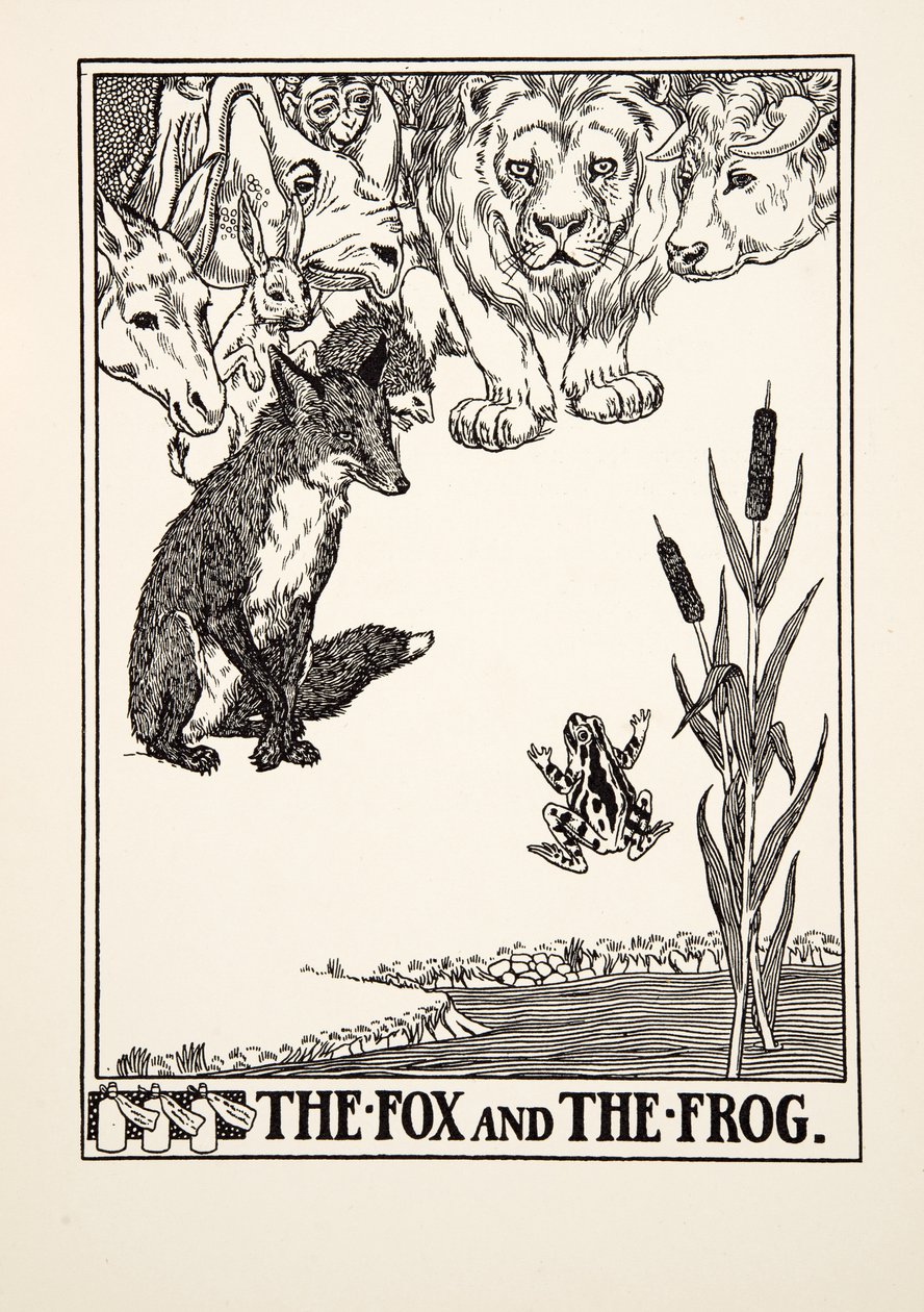 Kettu ja sammakko, julkaisusta A Hundred Fables of Aesop, pub.1903 (kaiverrus) tekijältä Percy J. Billingshurst
