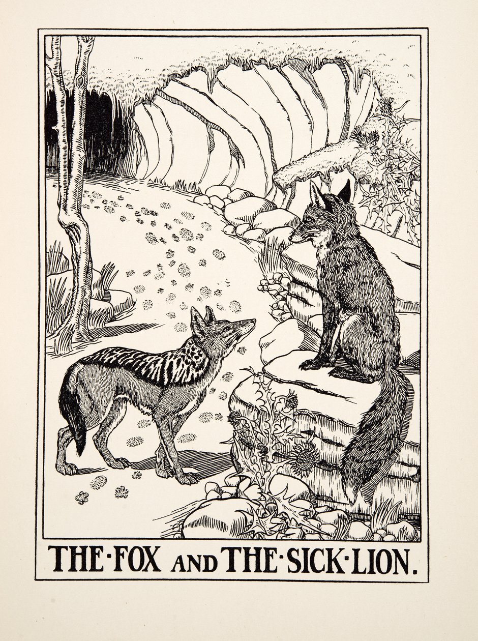 Kettu ja sairas leijona, julkaisusta A Hundred Fables of Aesop, pub.1903 (kaiverrus) tekijältä Percy J. Billingshurst