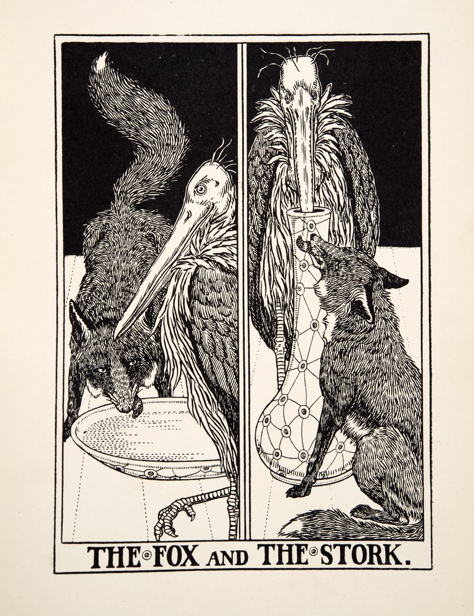 Kettu ja haikara, julkaisusta A Hundred Fables of Aesop, pub.1903 tekijältä Percy J. Billingshurst
