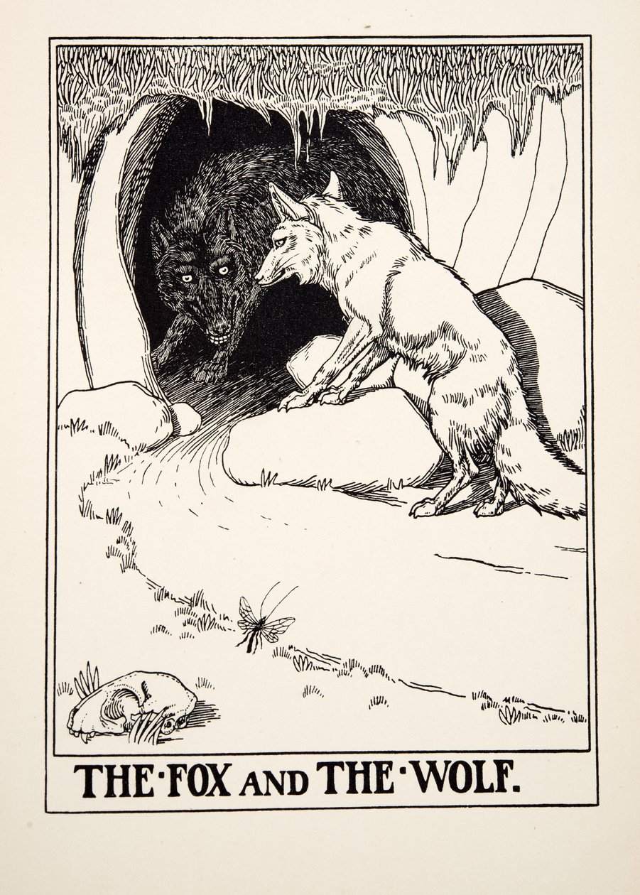 Kettu ja susi, julkaisusta A Hundred Fables of Aesop, pub.1903 (kaiverrus) tekijältä Percy J. Billingshurst