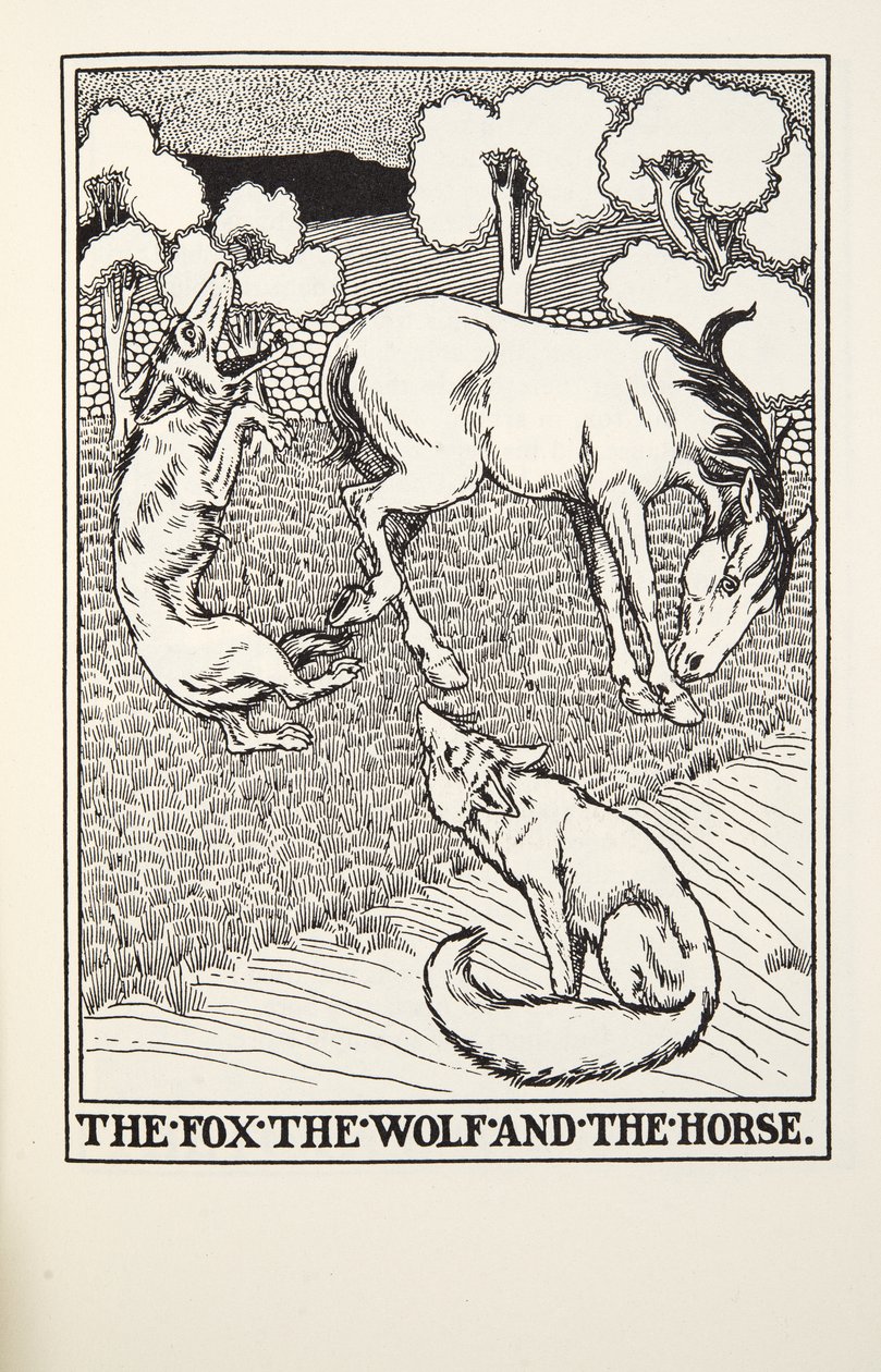Kettu, susi ja hevonen, teoksesta Fontainen taruja, pub. 1905 tekijältä Percy J. Billingshurst