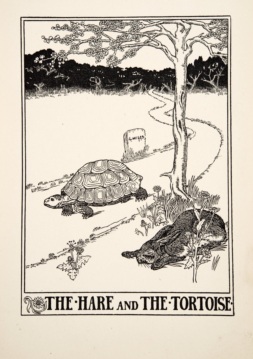 Jänis ja kilpikonna, sarjasta A Hundred Fables of Aesop, pub.1903 tekijältä Percy J. Billingshurst