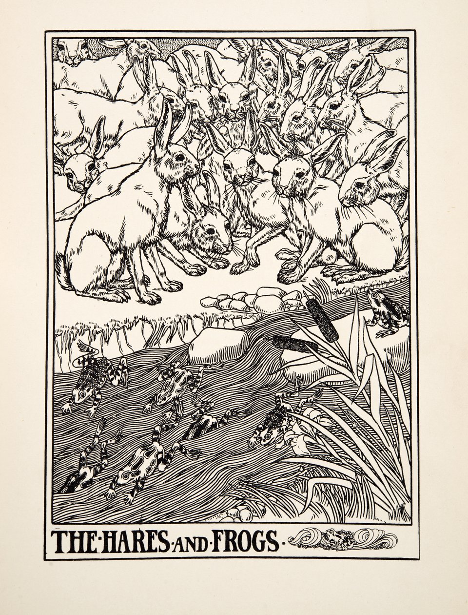 Jänikset ja sammakot, julkaisusta A Hundred Fables of Aesop, pub.1903 tekijältä Percy J. Billingshurst