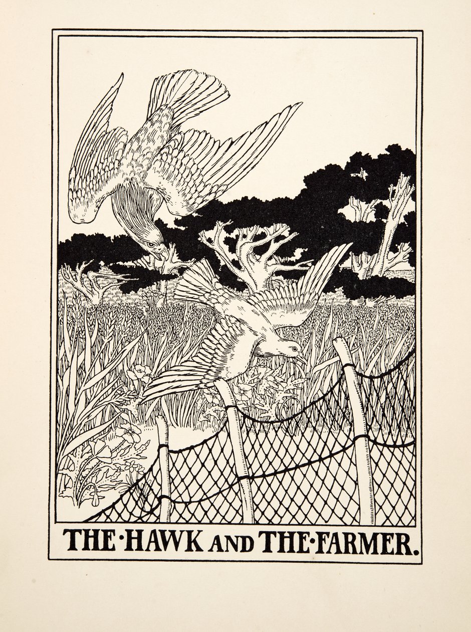 Haukka ja maanviljelijä, julkaisusta A Hundred Fables of Aesop, pub.1903 (kaiverrus) tekijältä Percy J. Billingshurst