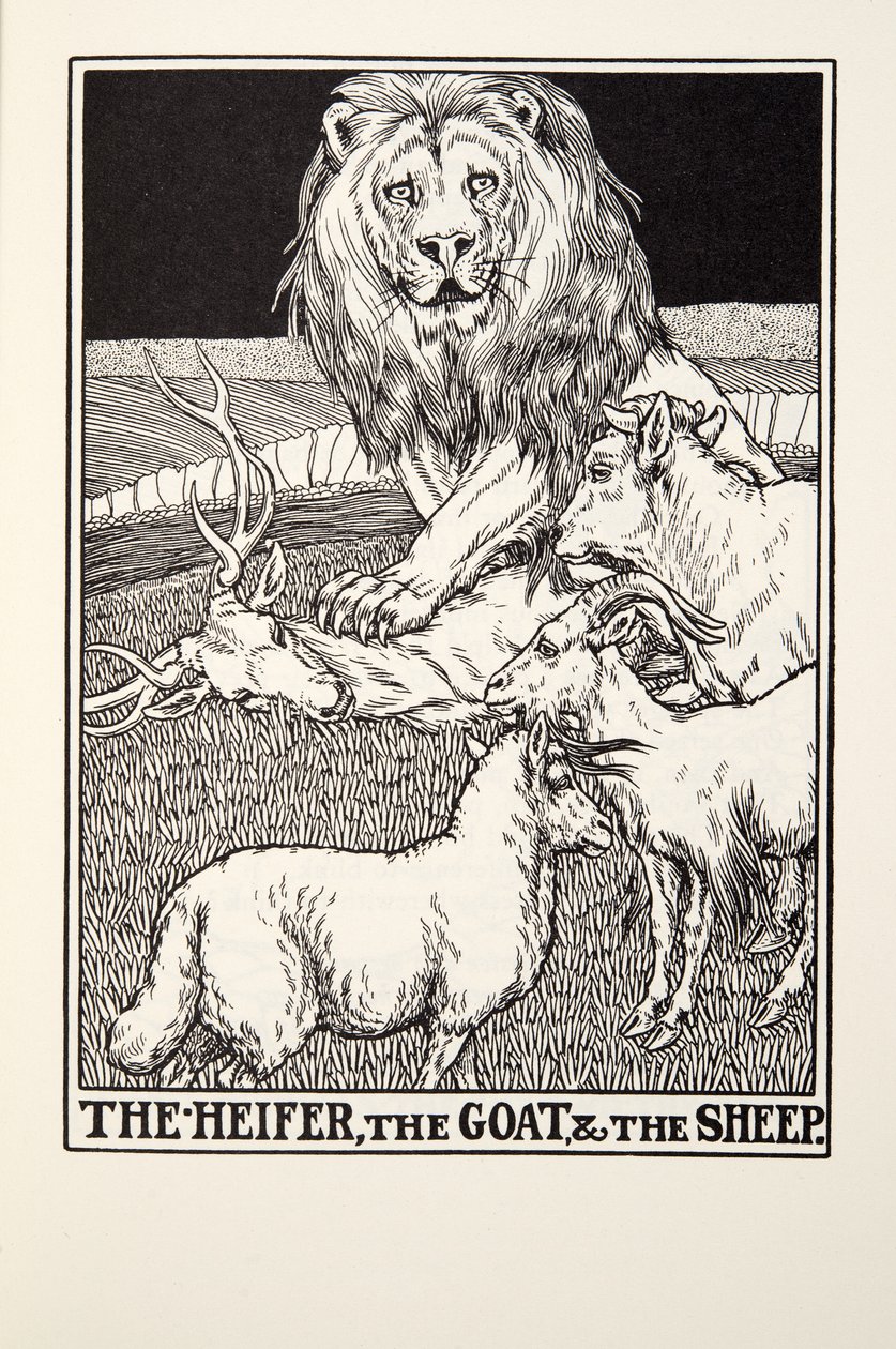 Hieho, vuohi ja lammas, teoksesta Fontaine Fables, pub. 1905 tekijältä Percy J. Billingshurst