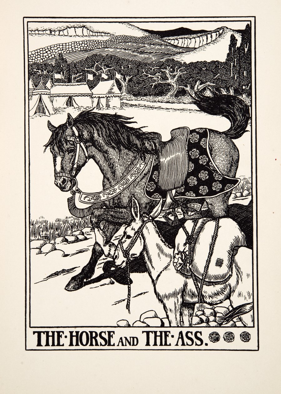 Hevonen ja aasi, julkaisusta A Hundred Fables of Aesop, pub.1903 tekijältä Percy J. Billingshurst