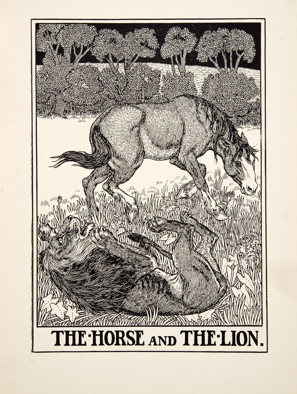 Hevonen ja leijona, julkaisusta A Hundred Fables of Aesop, pub.1903 tekijältä Percy J. Billingshurst