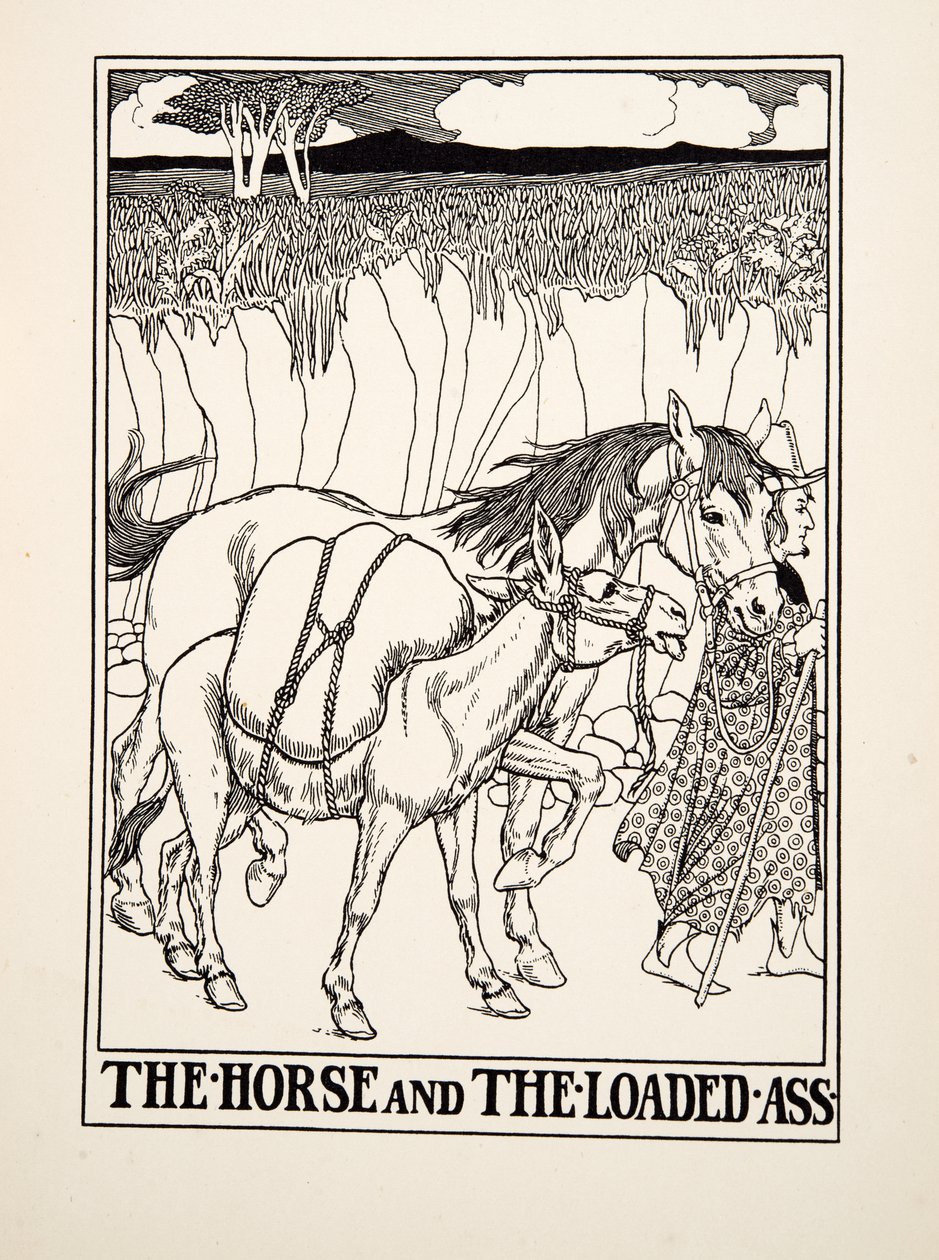 The Horse and the Loaded Ass, julkaisusta A Hundred Fables of Aesop, pub.1903 (kaiverrus) tekijältä Percy J. Billingshurst