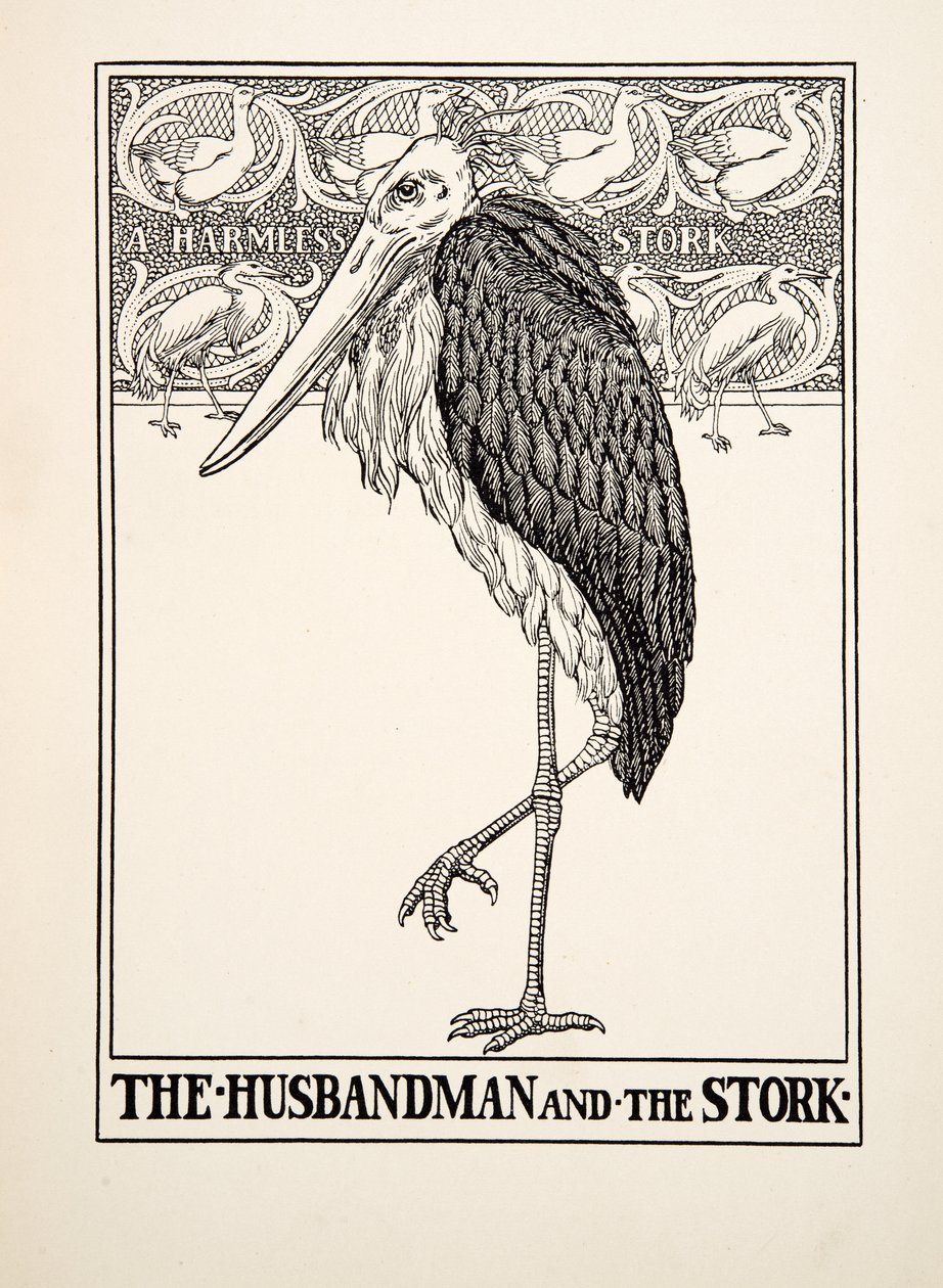 Aviomies ja haikara, julkaisusta A Hundred Fables of Aesop, pub.1903 tekijältä Percy J. Billingshurst