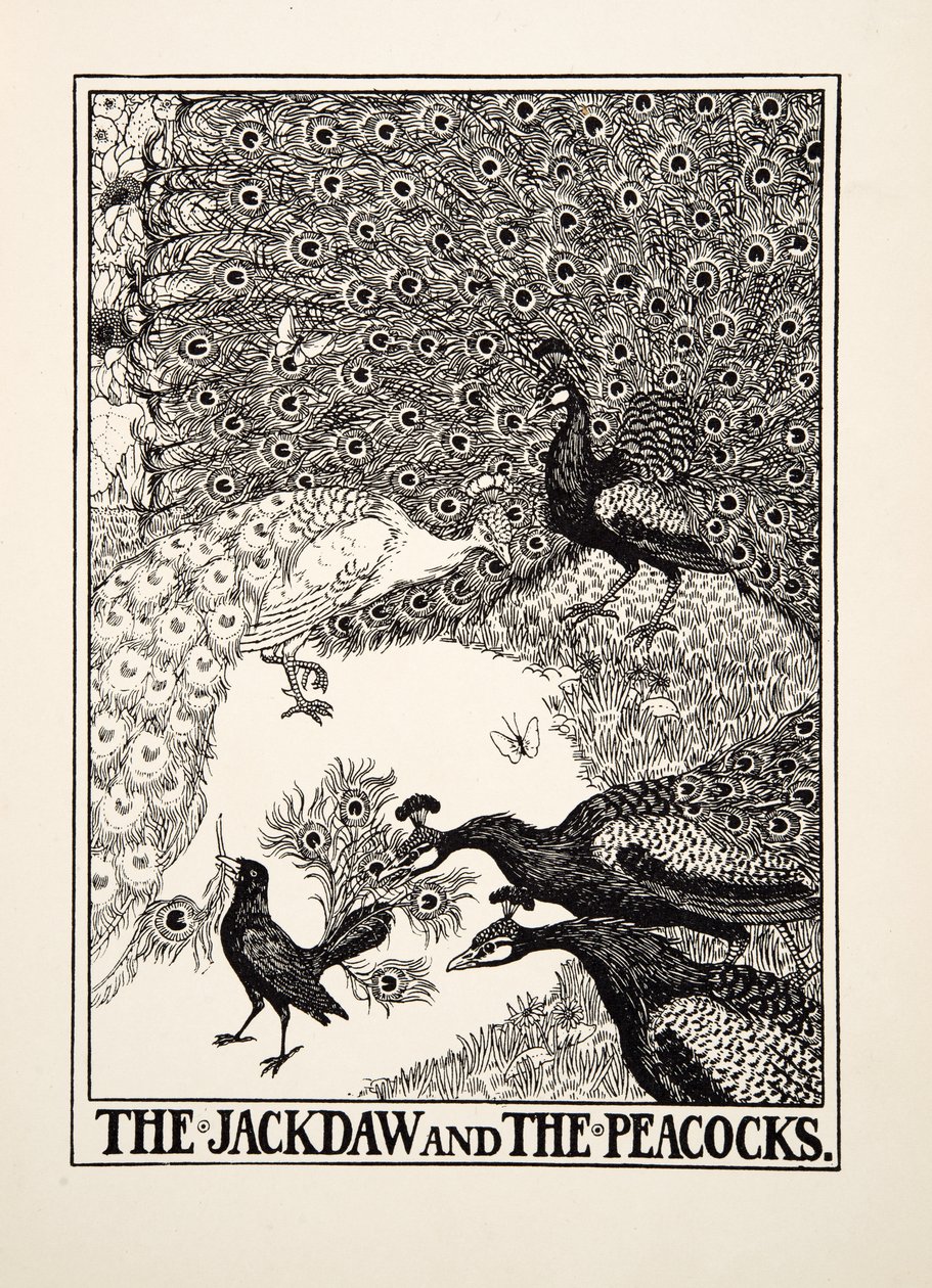 The Jackdaw and the Peacocks, teoksesta A Hundred Fables of Aesop, julkaistu 1903. tekijältä Percy J. Billingshurst
