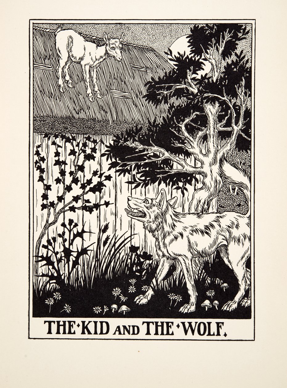 The Kid and the Wolf, julkaisusta A Hundred Fables of Aesop, pub.1903 tekijältä Percy J. Billingshurst